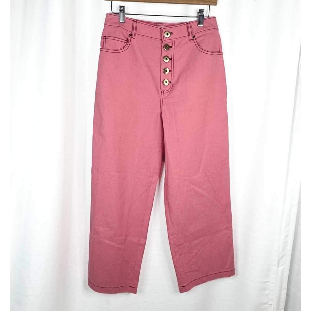 Kate Spade Pink High Rise Wide Leg Pants Sz 4 Button Fly Cotton Wool Stretch EUC